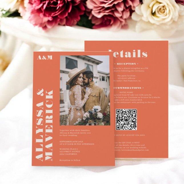 Invitación Elegante boda de fotografía naranja boho beige neg (Elegant Bold boho beige orange photo wedding Invitation)