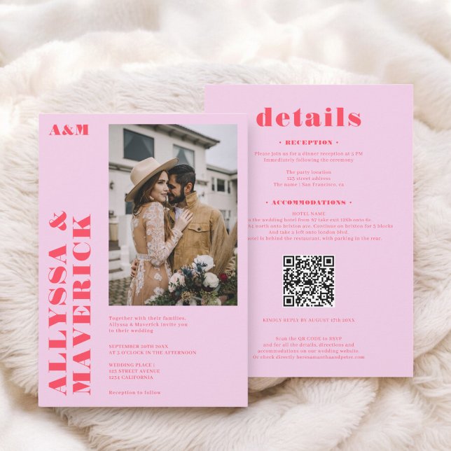 Invitación Elegante boda de fotografía rosa cálido negro auda (Elegant Bold boho red hot pink photo wedding Invitation)