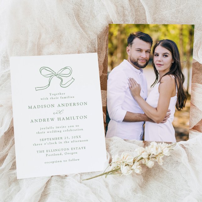 Invitación Elegante Boda de fotografía Sage Green Bow (Subido por el creador)