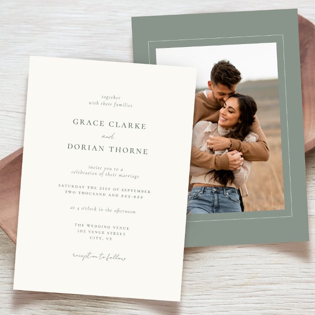 Invitación Elegante Boda de fotografía verde simple y neutra (Subido por el creador)