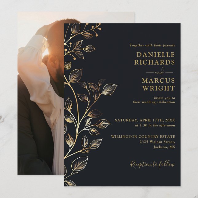 Invitación Elegante Boda de fotografías de flores doradas (Anverso / Reverso)