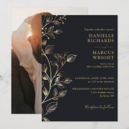 Invitación Elegante Boda de fotografías de flores doradas