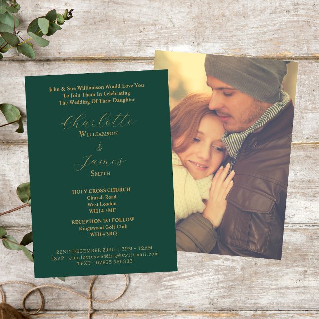 Invitación Elegante Boda De Fotografías De Guión De Oro Y Ver (Front And Back)