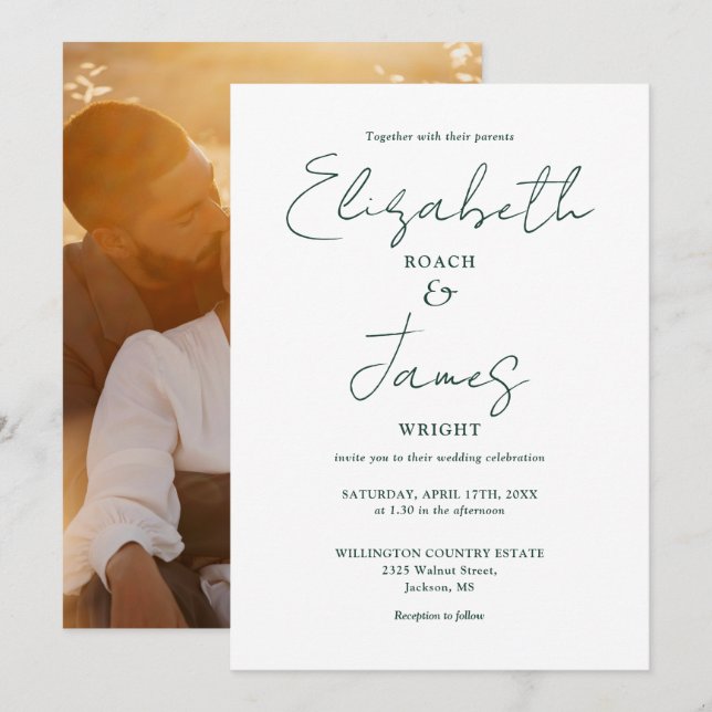 Invitación Elegante Boda de fotografías de guion verde esmera (Anverso / Reverso)