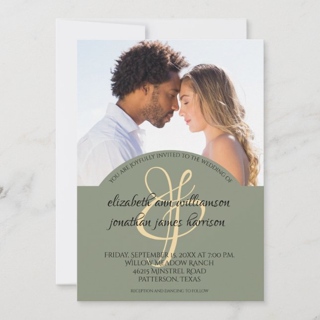 Invitación Elegante Boda de fotografías de guion verde oliva  (Anverso)