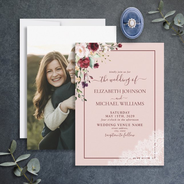 Invitación Elegante Boda de fotografías de Rubor en Borgoña (Subido por el creador)