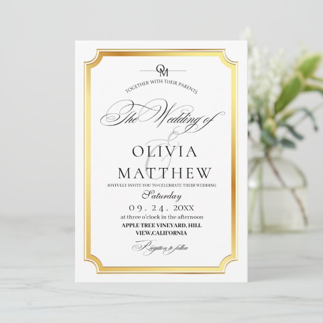 Invitación Elegante Boda de fotografías doradas y blancas sup (Anverso de pie)