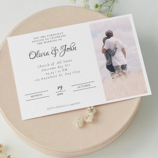 Invitación Elegante Boda de fotografías en blanco negro (Elegant Script Black White Photo Wedding Invitation)