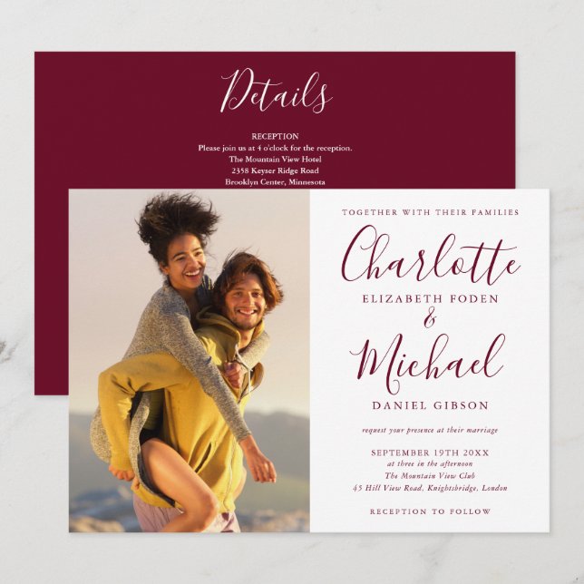 Invitación Elegante Boda de fotografías en Borgoña todo en un (Anverso / Reverso)