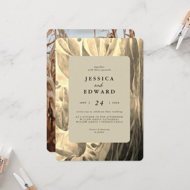 Invitación Elegante Boda de fotografías en negro y follaje do (Anverso/Reverso In Situ)
