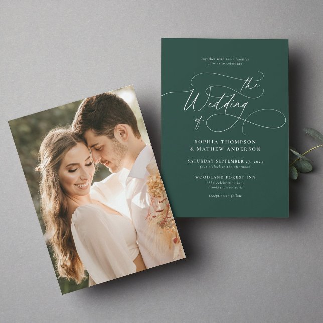 Invitación Elegante Boda de fotografías verdes de escritura M (Subido por el creador)