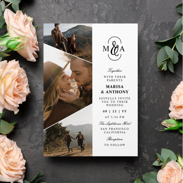 Invitación Elegante Boda de fotos asimétricas de monograma (Subido por el creador)