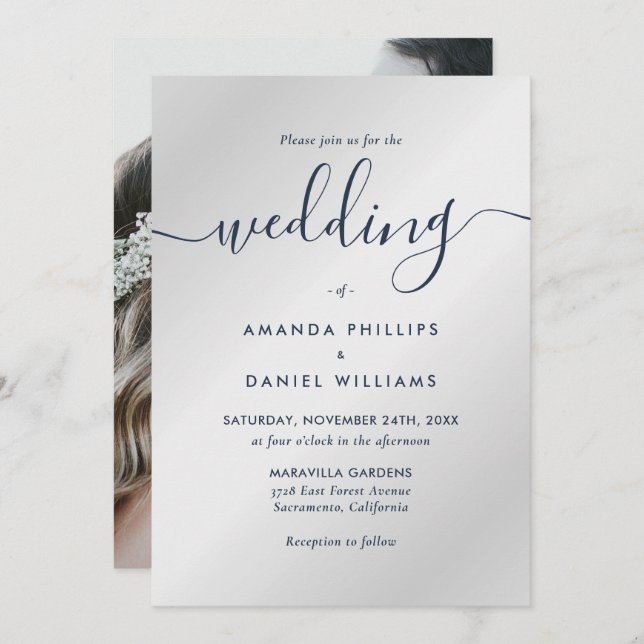 Invitación Elegante Boda de fotos azul y plateado de la Marin (Anverso / Reverso)