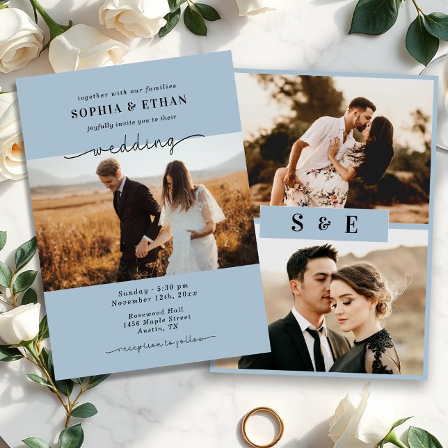 Invitación Elegante Boda de fotos azul y turbio guión (Subido por el creador)