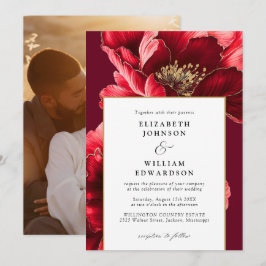 Invitación Elegante Boda De Fotos Borgoña Rojo Y Dorado Flora