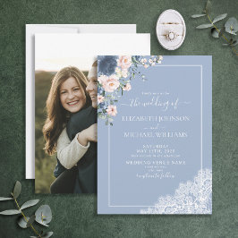 Invitación Elegante Boda de fotos con guion de color azul tur