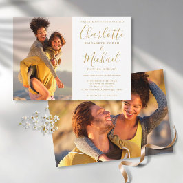 Invitación Elegante Boda de Fotos con Guión de Firma de Oro