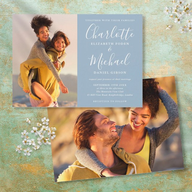 Invitación Elegante Boda de fotos con guiones de firma azul y (Subido por el creador)