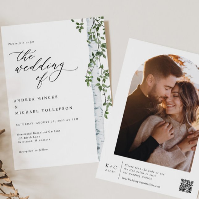 Invitación Elegante Boda de fotos de Birch Tree Boho (Birch Tree Wedding Invitation with Photo on Back - Boho Woodsy Botanical Foliage & Greenery)