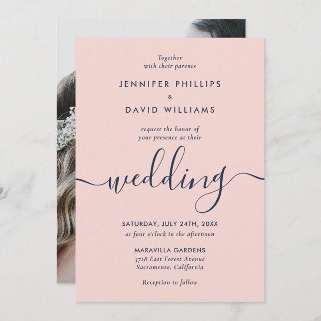 Invitación Elegante Boda de fotos de la Marina moderna azul y (Anverso / Reverso)