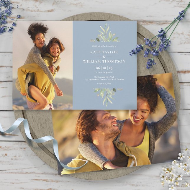 Invitación Elegante Boda de fotos de la vegetación azul turqu (Elegant Dusty Blue Greenery Photos Wedding Invitation)