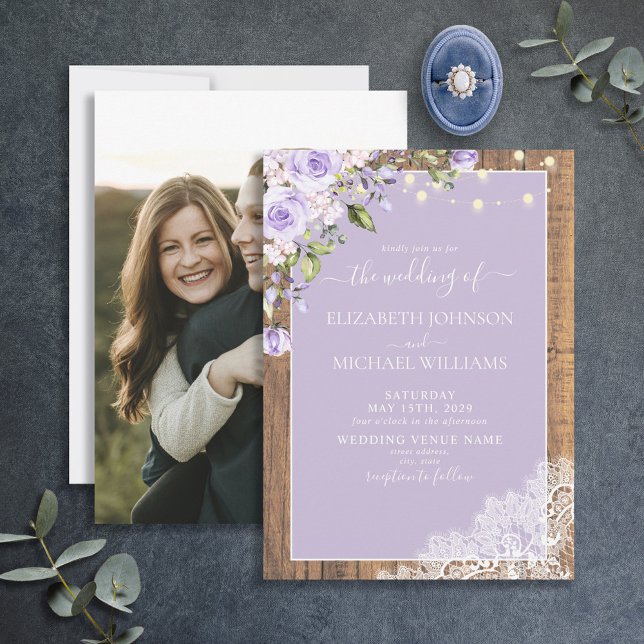 Invitación Elegante Boda de fotos de lavanda de lavanda de Li (Subido por el creador)