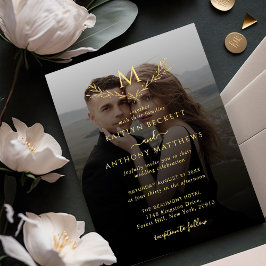 Invitación Elegante Boda de fotos de monograma negro y oro