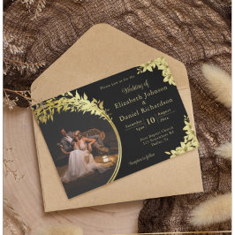 Invitación Elegante Boda de fotos de oro, negro con lirios