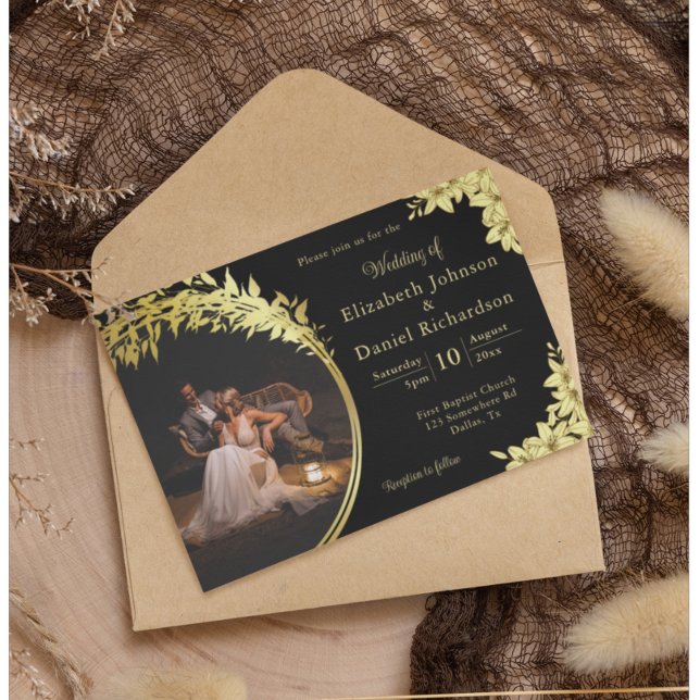 Invitación Elegante Boda de fotos de oro, negro con lirios (Subido por el creador)