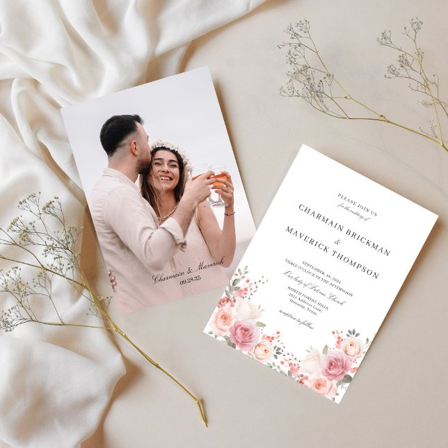 Invitación Elegante Boda de fotos rosa floral (Subido por el creador)