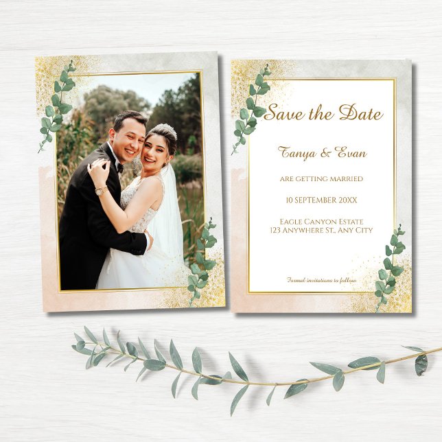 Invitación Elegante boda de fotos verde y dorada salva la fec (Elegant Green & Gold Save the Date Wedding Invite)