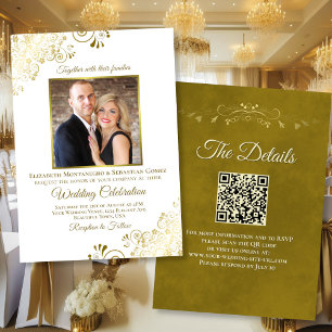 Invitación Elegante Boda de fotos y códigos QR en oro y blanc