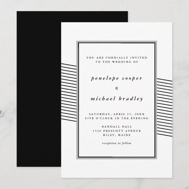 Invitación Elegante Boda de franjas blanco y negro (Anverso / Reverso)