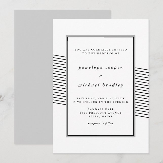 Invitación Elegante Boda de franjas blanco y negro (Anverso / Reverso)