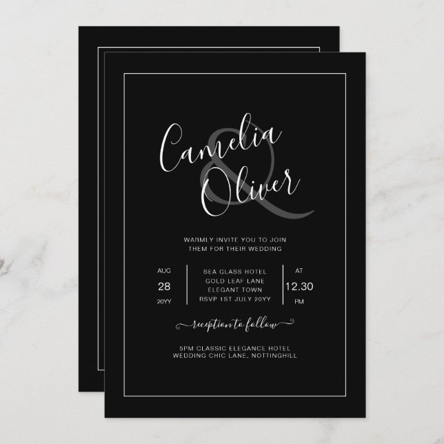 Invitación Elegante Boda de fuente blanca clásica todo en 1 (Anverso / Reverso)