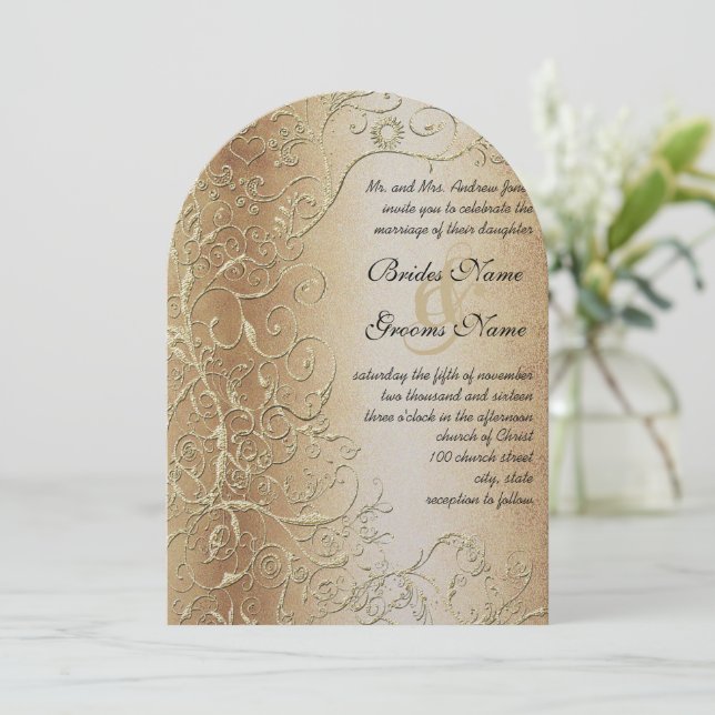 Invitación Elegante Boda de fuentes negro de Swirls Gold (Anverso de pie)