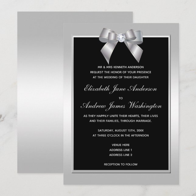 Invitación Elegante Boda de gema plateado y negro (Anverso / Reverso)
