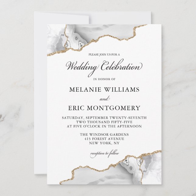 Invitación Elegante Boda de Geode de Marble de Oro Blanco (Anverso)