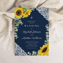 Invitación Elegante Boda de girasol azul de la Marina Religio