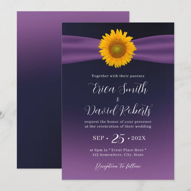 Invitación Elegante Boda de girasol de cinta morada (Anverso / Reverso)