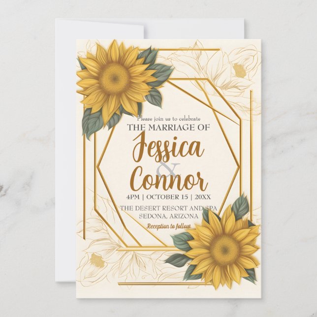 Invitación Elegante Boda de girasol Línea de dibujo Marco dor (Anverso)