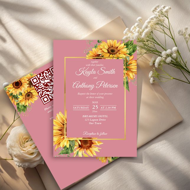 Invitación Elegante boda de girasol rosa y turbio qr rsvp (Dusty pink sunflower elegant wedding invitation cards with RSVP template instant download)
