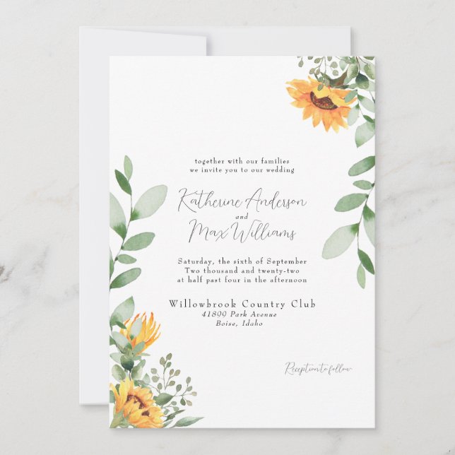 Invitación Elegante Boda de girasol sin padres (Anverso)