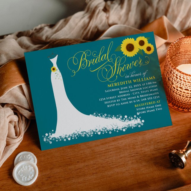 Invitación Elegante Boda de girasol Verde azulado Gown Bridal (Subido por el creador)