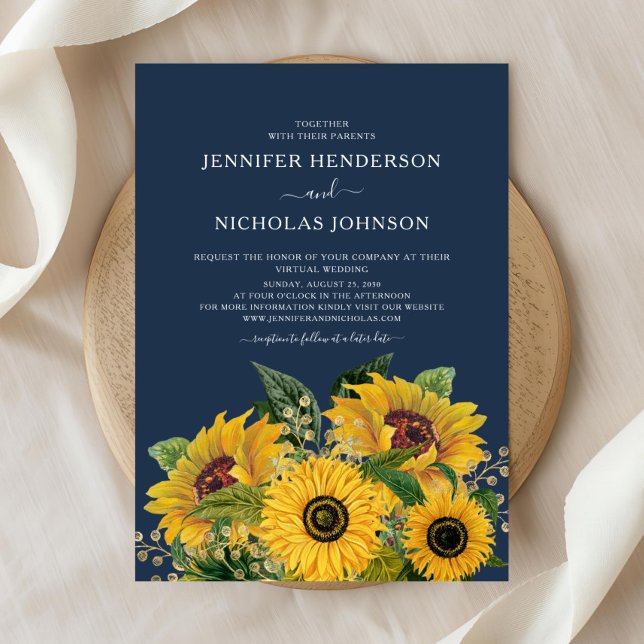 Invitación Elegante Boda de girasoles azules de la Marina (Elegant Navy Blue Sunflowers Wedding Invitation)