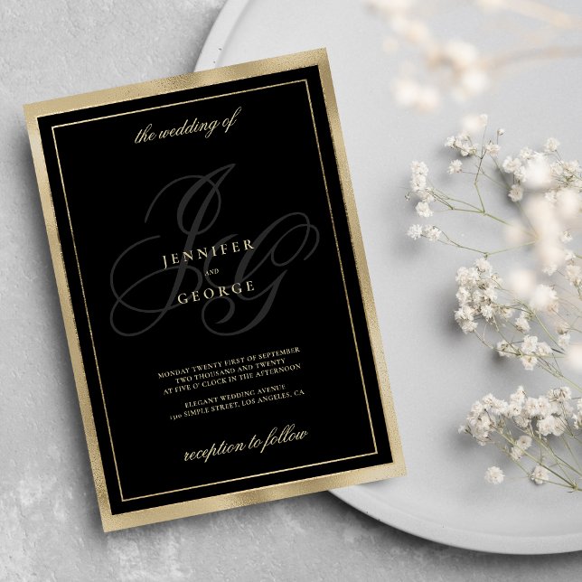 Invitación Elegante boda de glam en monograma dorado negro (Elegant black gold monogram initials glam wedding )