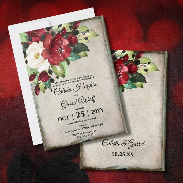 Invitación Elegante Boda de Gótico gris oscuro de flor roja (Subido por el creador)