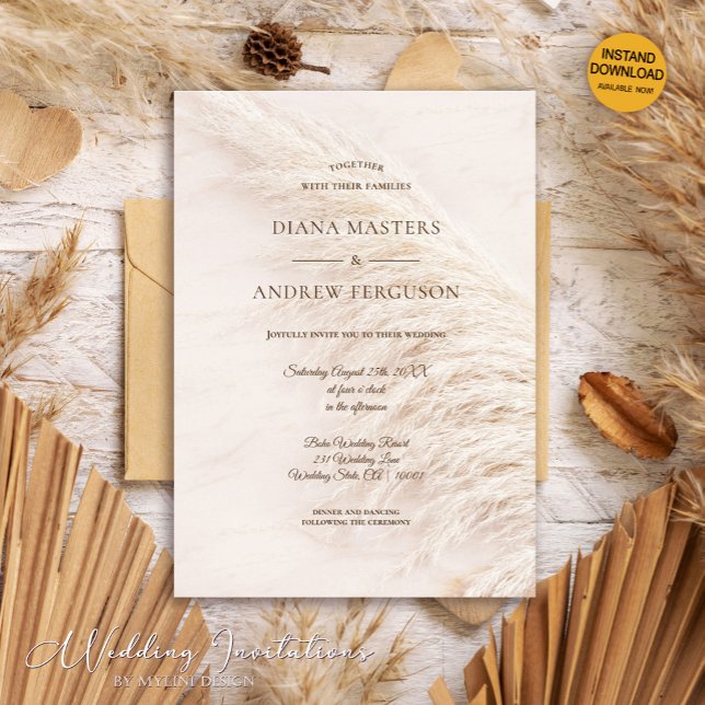 Invitación Elegante Boda de Grass Boho Pampas, de estilo rúst (Subido por el creador)