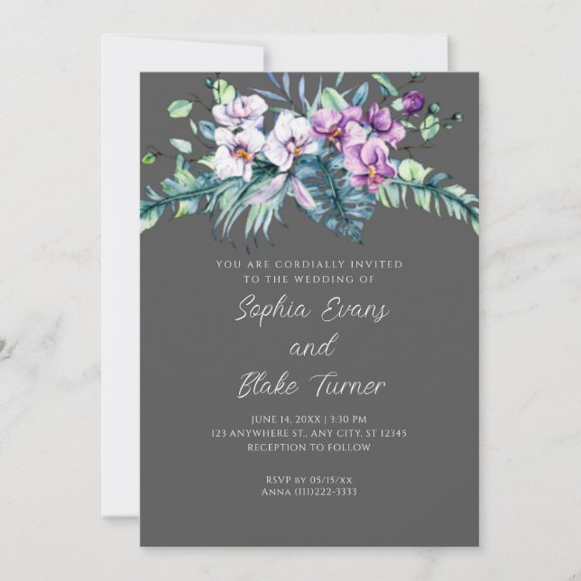 Invitación Elegante Boda de gris floral blanco y morado (Anverso)
