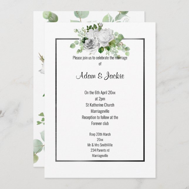 INVITACIÓN ELEGANTE BODA DE GUARDAJE NEGRO BOUQUET FLORAL (Anverso / Reverso)